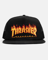 Thrasher Embroidered Flame Logo Mesh Snapback Hat - Black