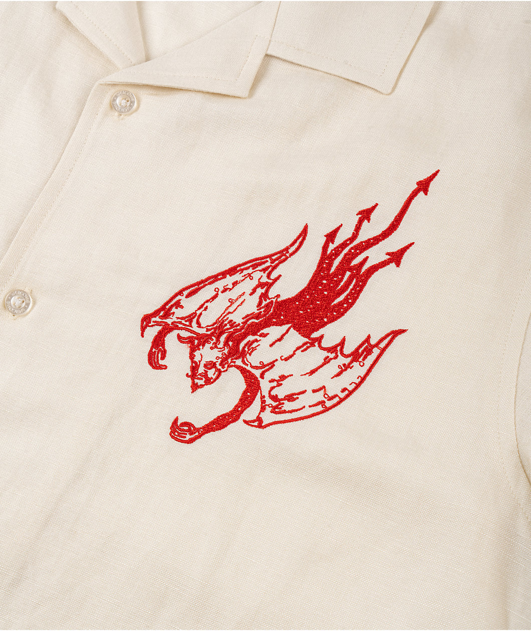 Welcome Hellion Embroidered Linen Short Sleeve Button Up Shirt