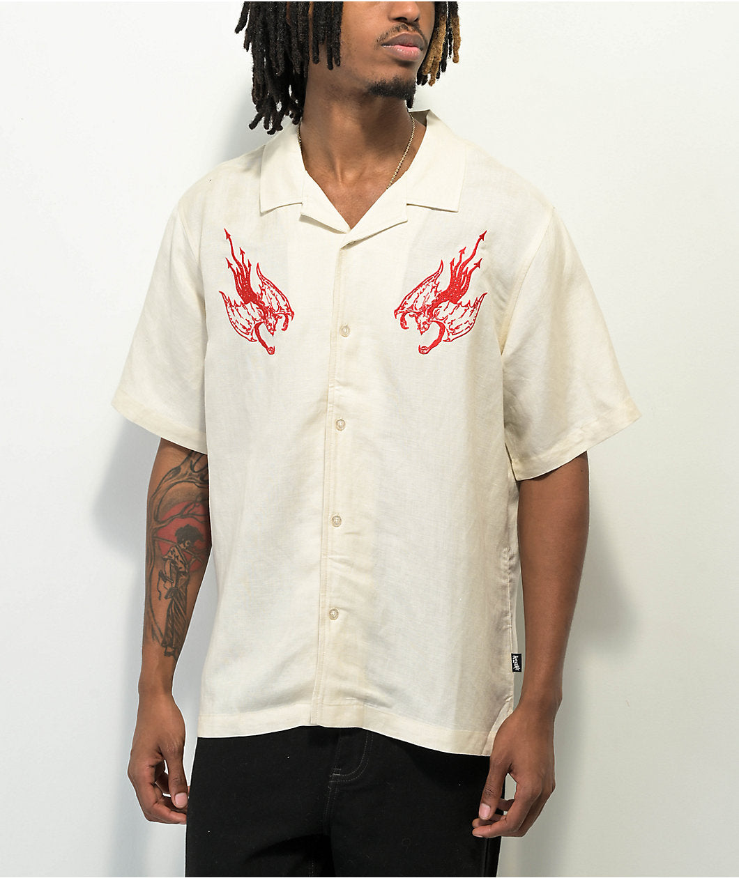 Welcome Hellion Embroidered Linen Short Sleeve Button Up Shirt